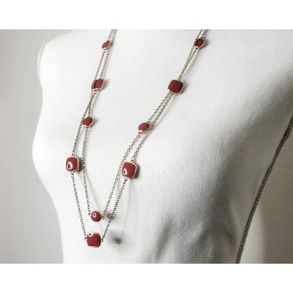 Long Coral Red Glass Bead double Strand Necklace , 32 Inch - Picture 2 of 9